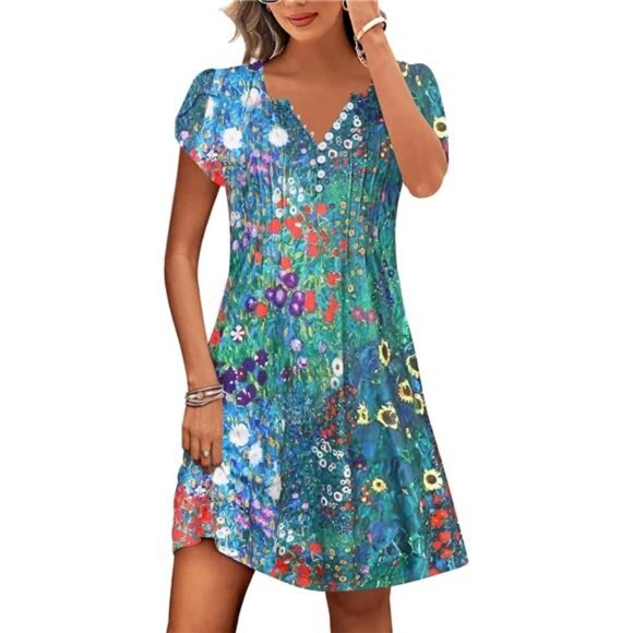 Womens Casual Dresses Short Sleeve Summer Dresses 2025 Boho Floral - Picture 1 of 6